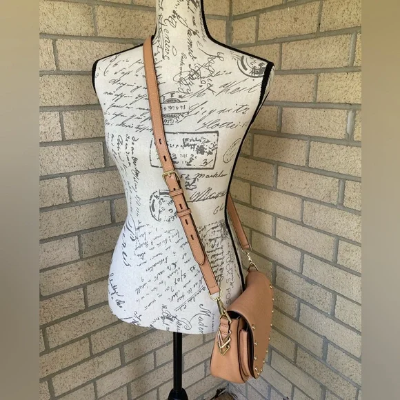 Rebecca Minkoff Tan Pebbeled Leather Saddle Bag Studded Crossbody Purse - Picture 17 of 17